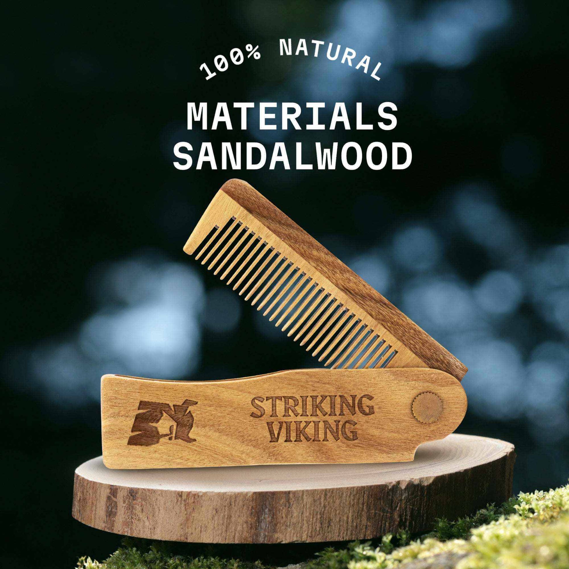 Wooden comb and brush set with 'Striking Viking' branding on a natural background