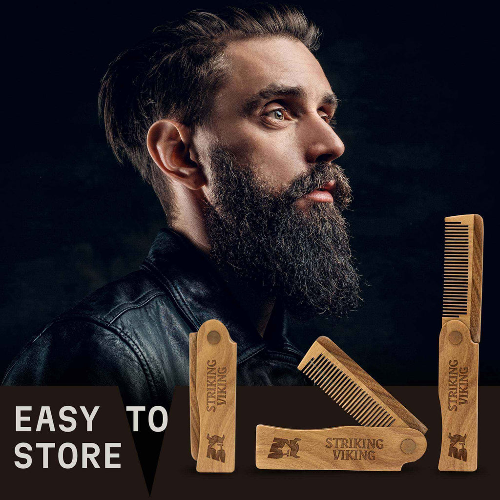 Man with a beard and Striking Viking wooden comb products on a dark background