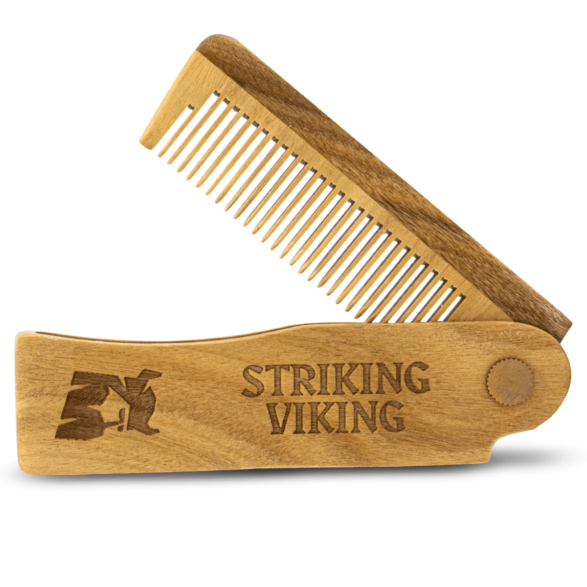 Wooden comb with 'Striking Viking' branding on a white background