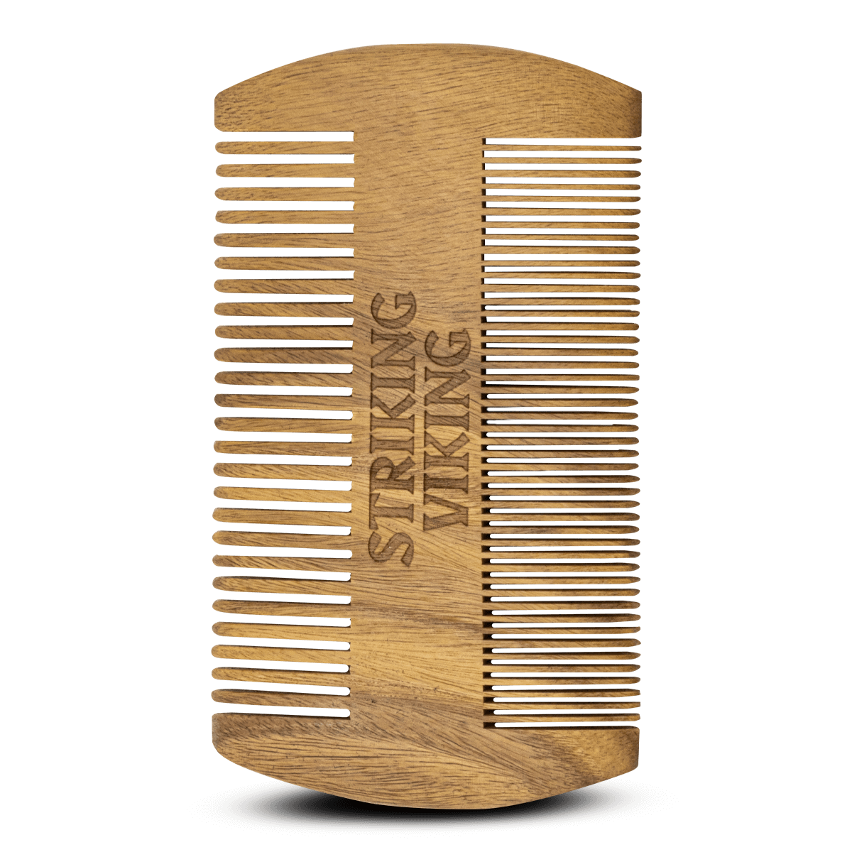 Wooden comb with 'Striking Viking' engraving on a white background