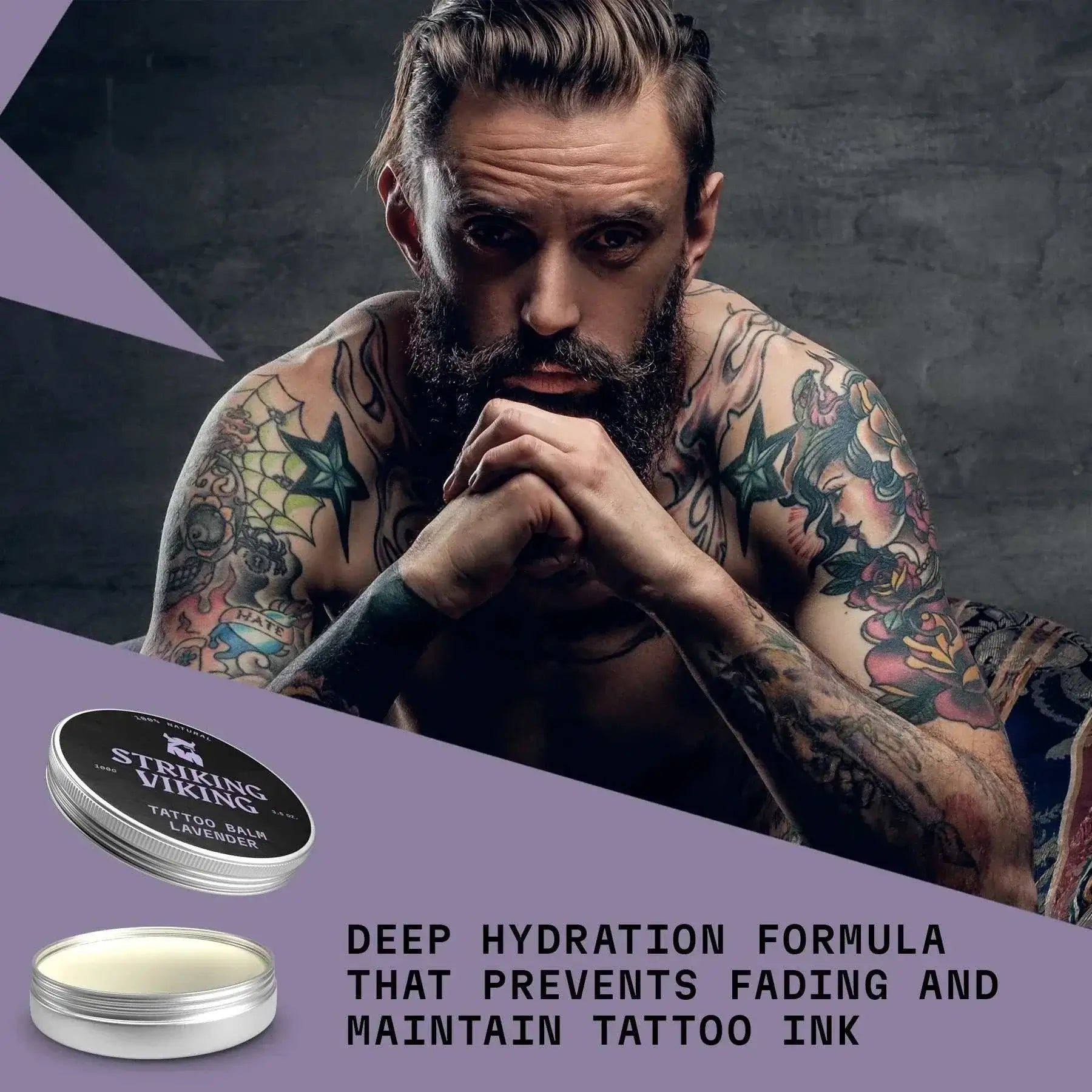 Man with tattoos sitting against a dark background with tattoo care product packaging.