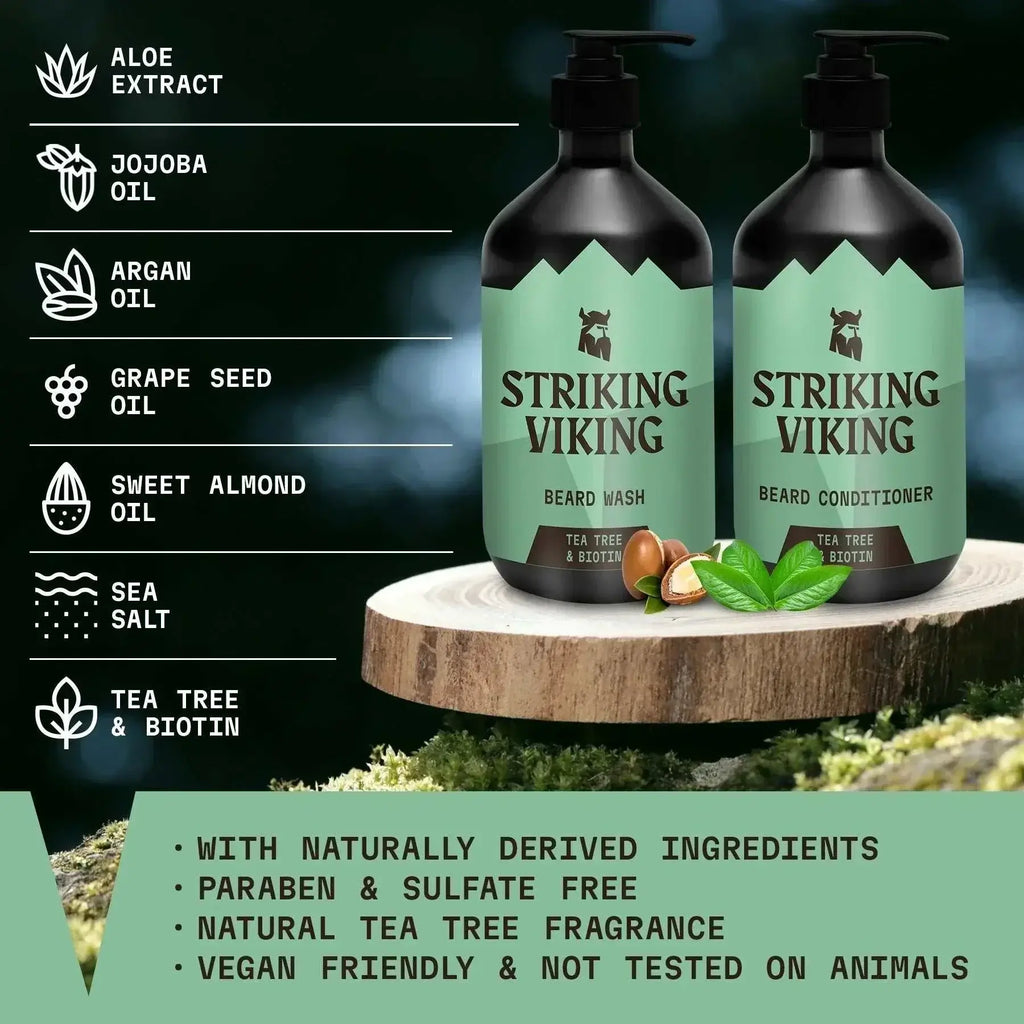 Two bottles of Striking Viking beard care products on a wooden stand with ingredient list and product details.