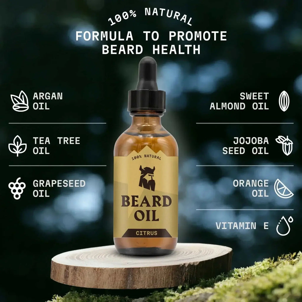 Beard oil bottle with ingredients listed on a natural background