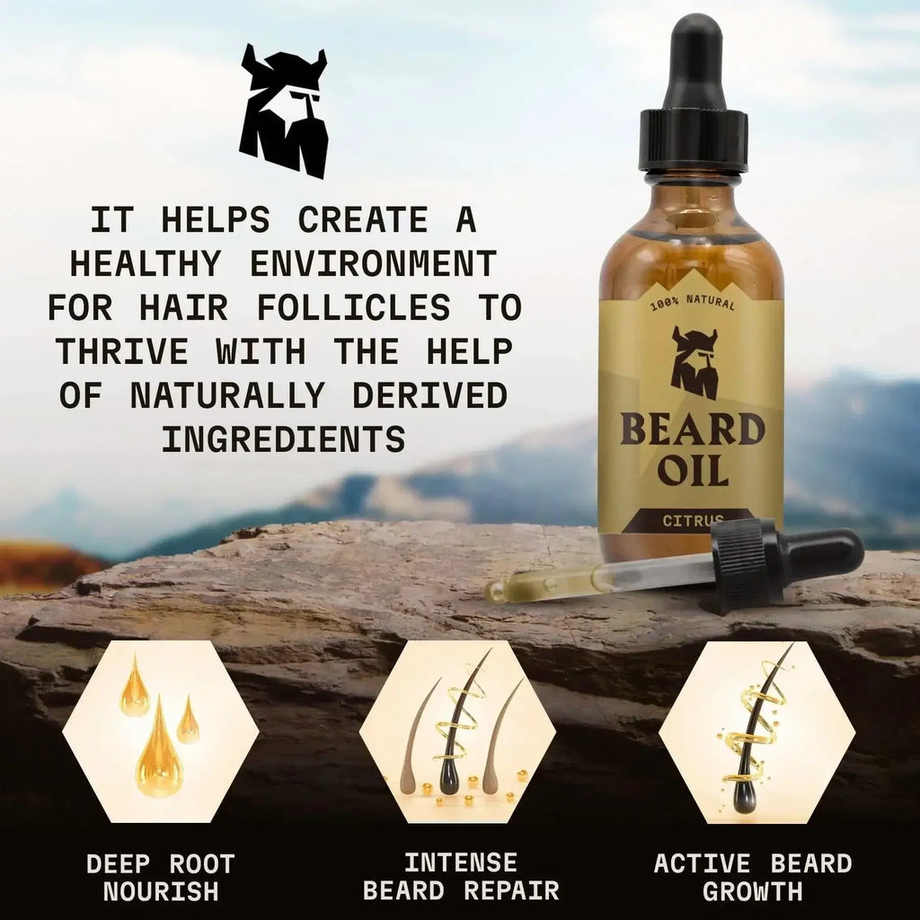 Beard oil bottle with dropper on a natural background, featuring text about its benefits.