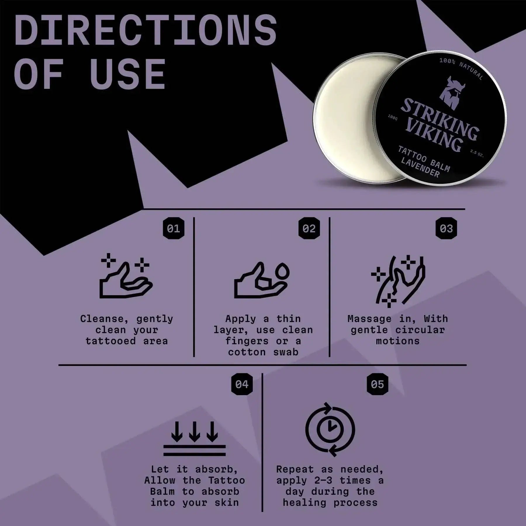 Instructions for using Striking Viking Tattoo Balm on a purple background