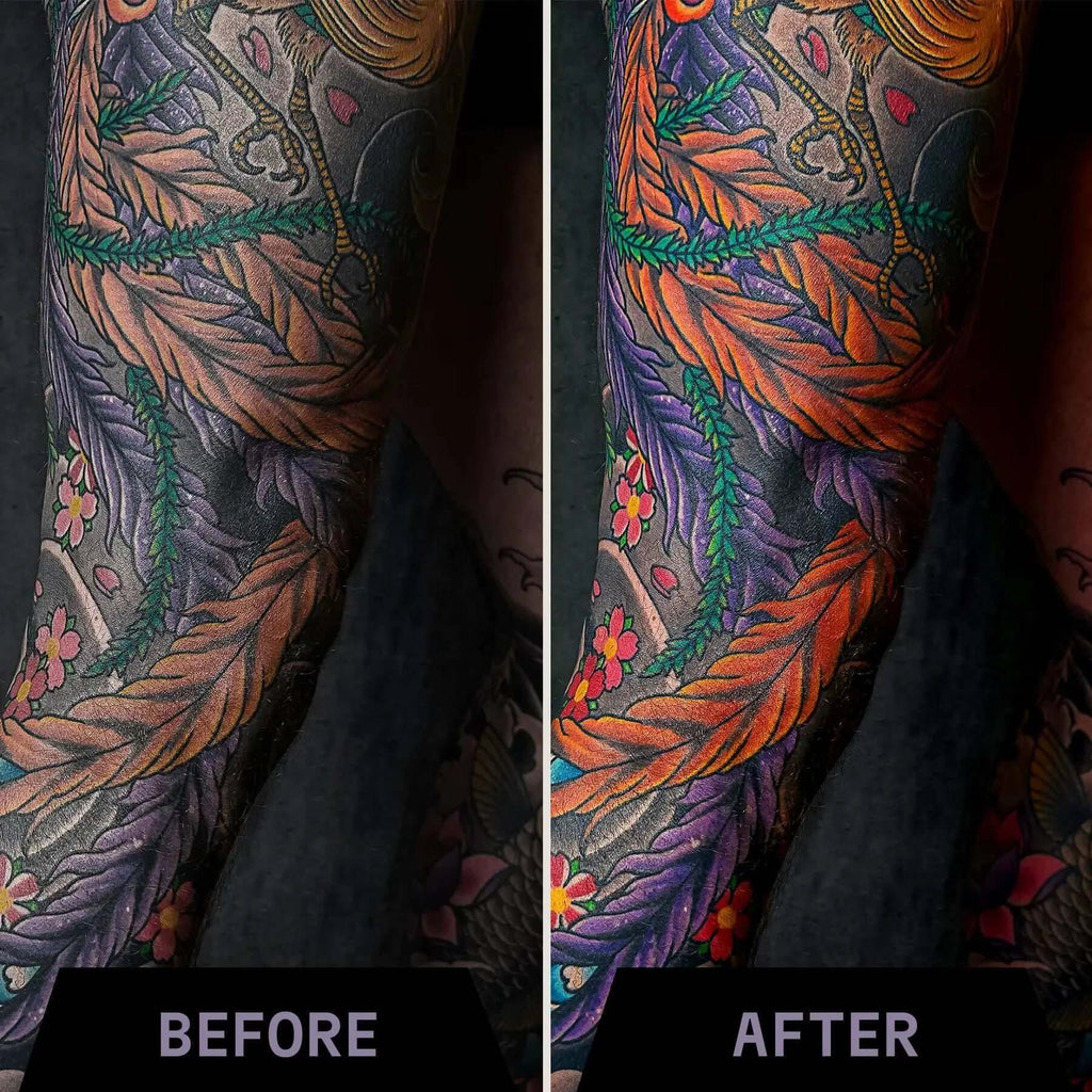 Before and after comparison of a detailed tattoo design on a person's arm.

