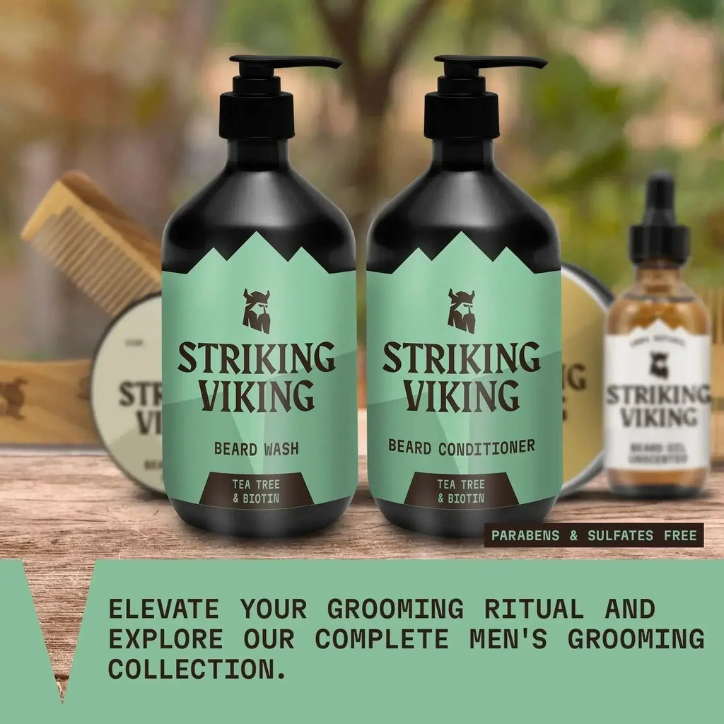 Striking Viking beard care products on a wooden surface with a blurred natural background.