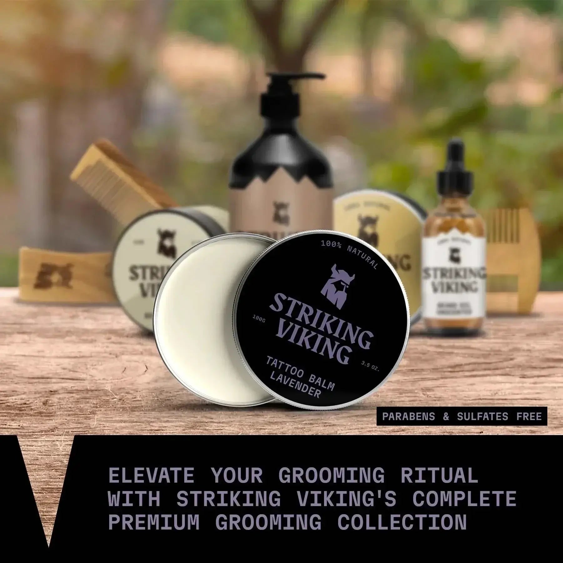 Striking Viking grooming products on a wooden surface with a blurred natural background