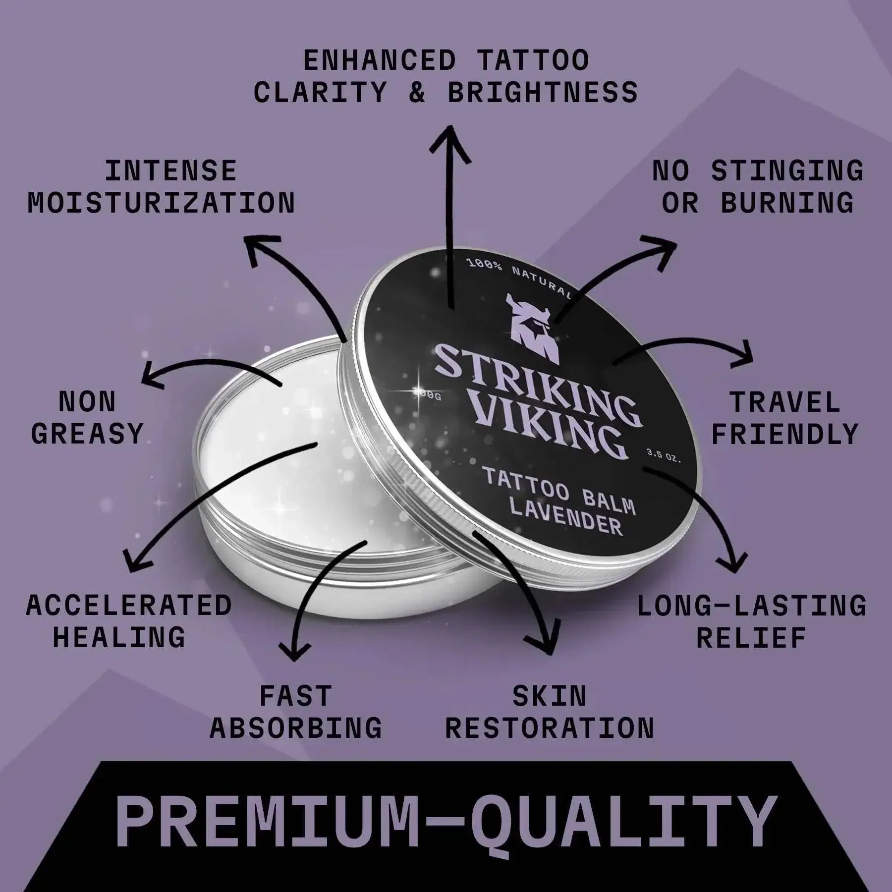 Stroking Viking tattoo balm container with feature text on a purple background