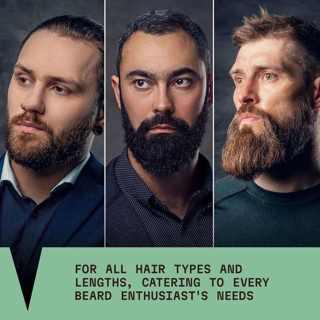 Three men with beards and a promotional message about beard care products.