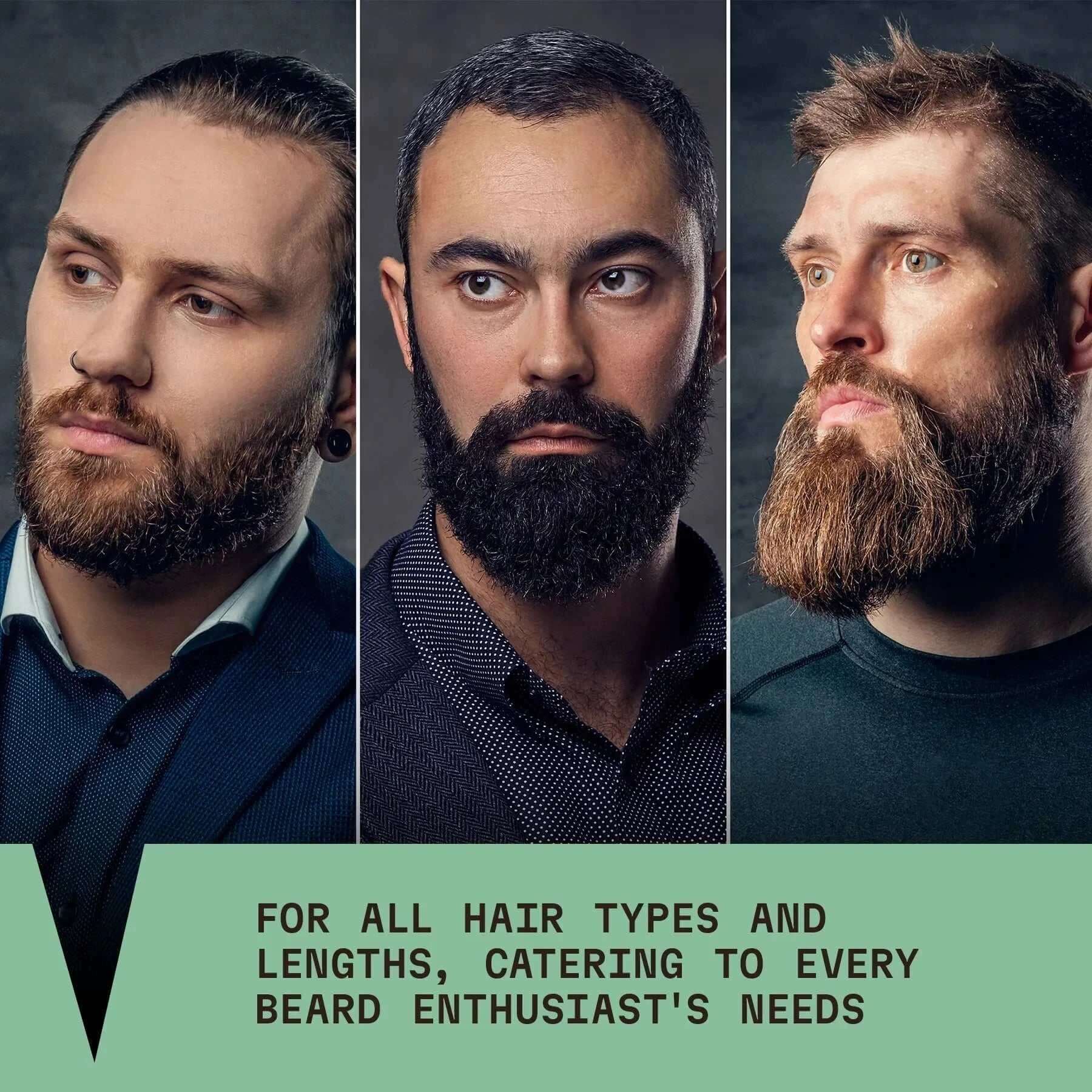 Three men with beards and a promotional message about beard care products.