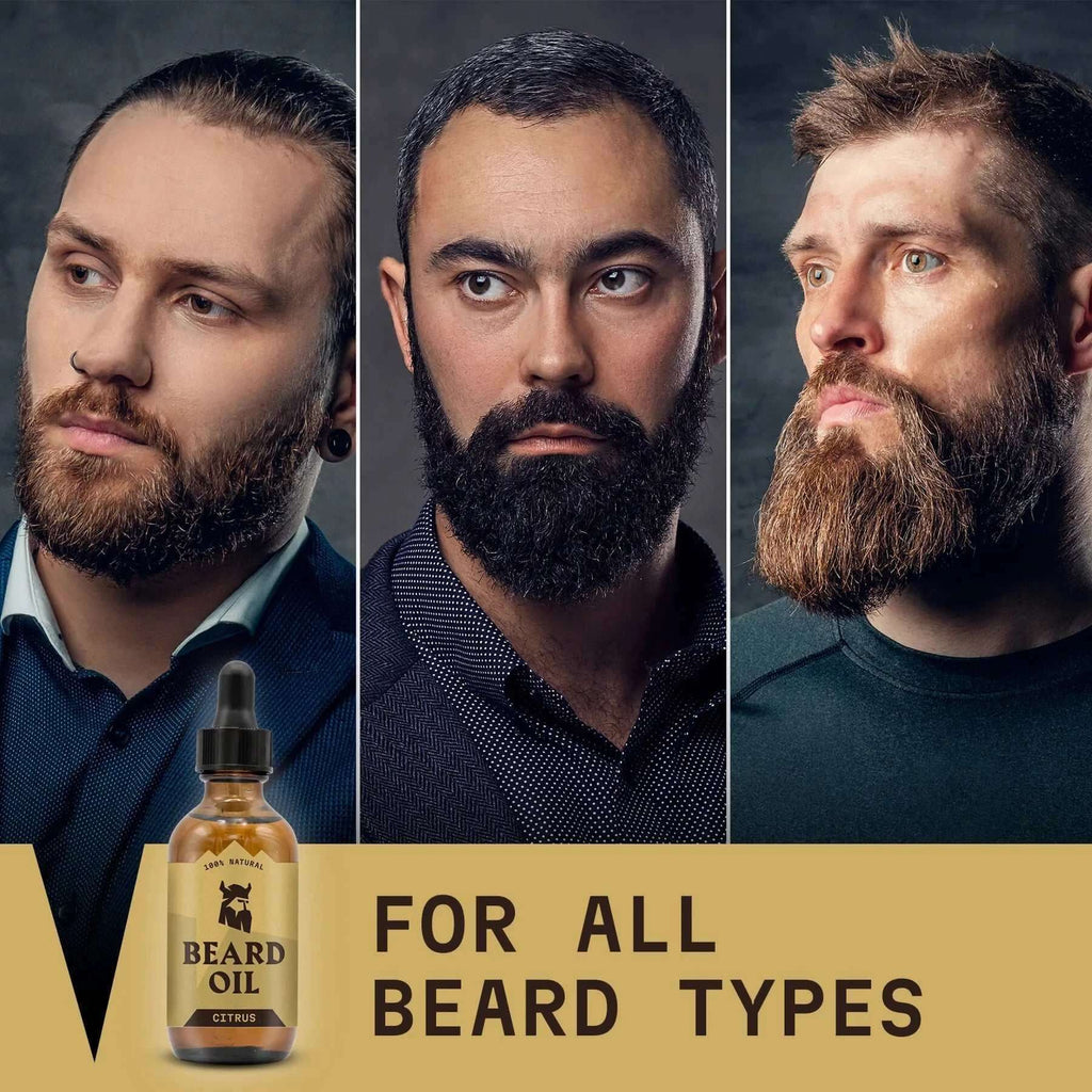 Three men with beards and a bottle of beard oil on a dark background
