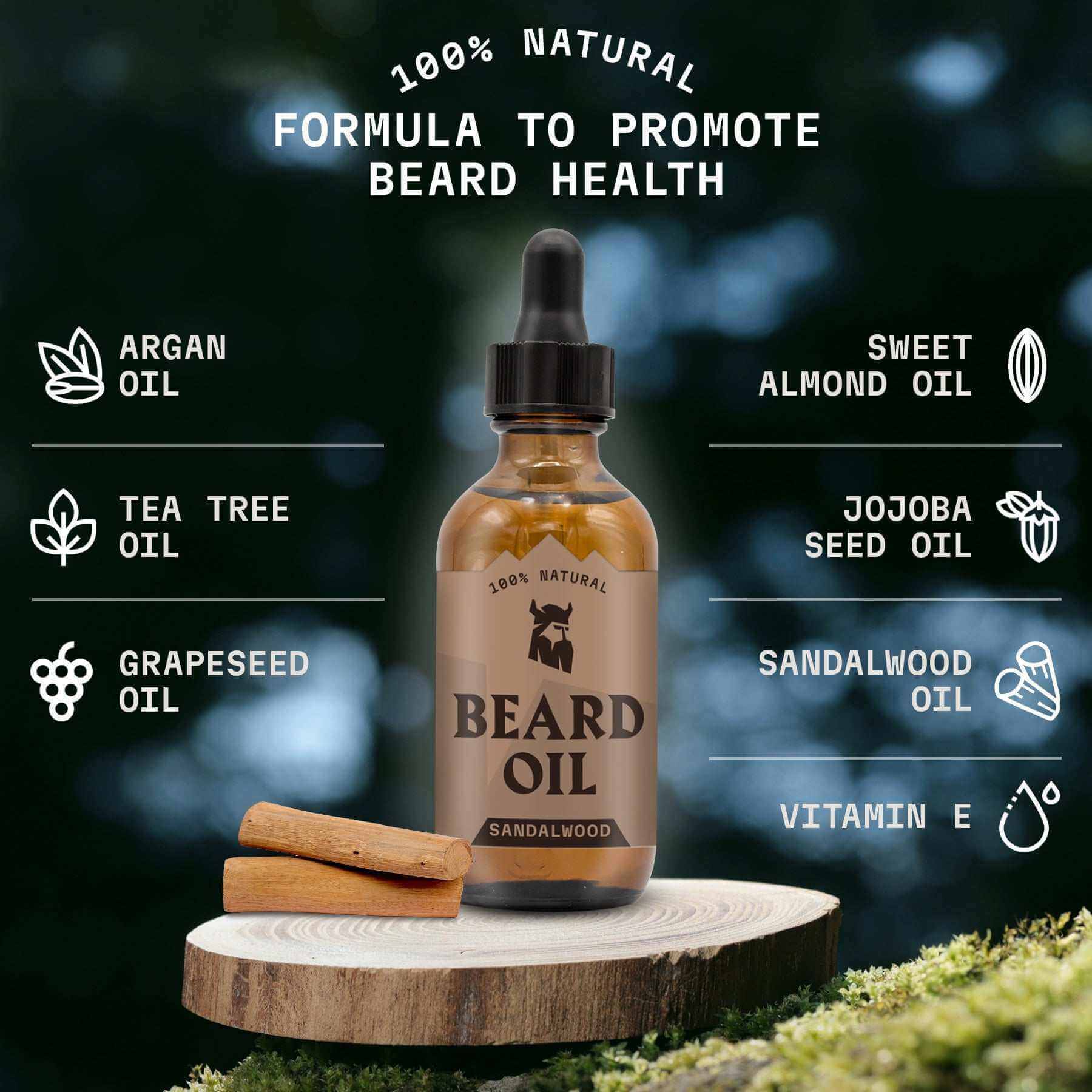 Beard oil bottle with ingredients listed on a natural background
