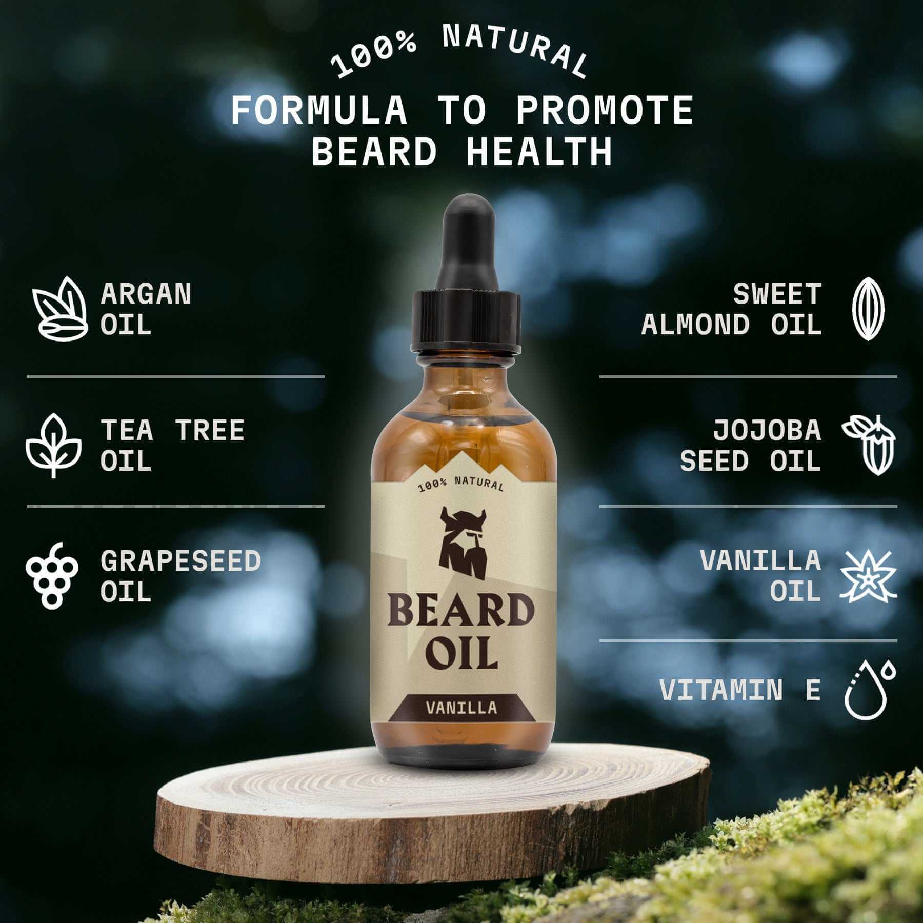Beard oil bottle with ingredients listed on a natural background