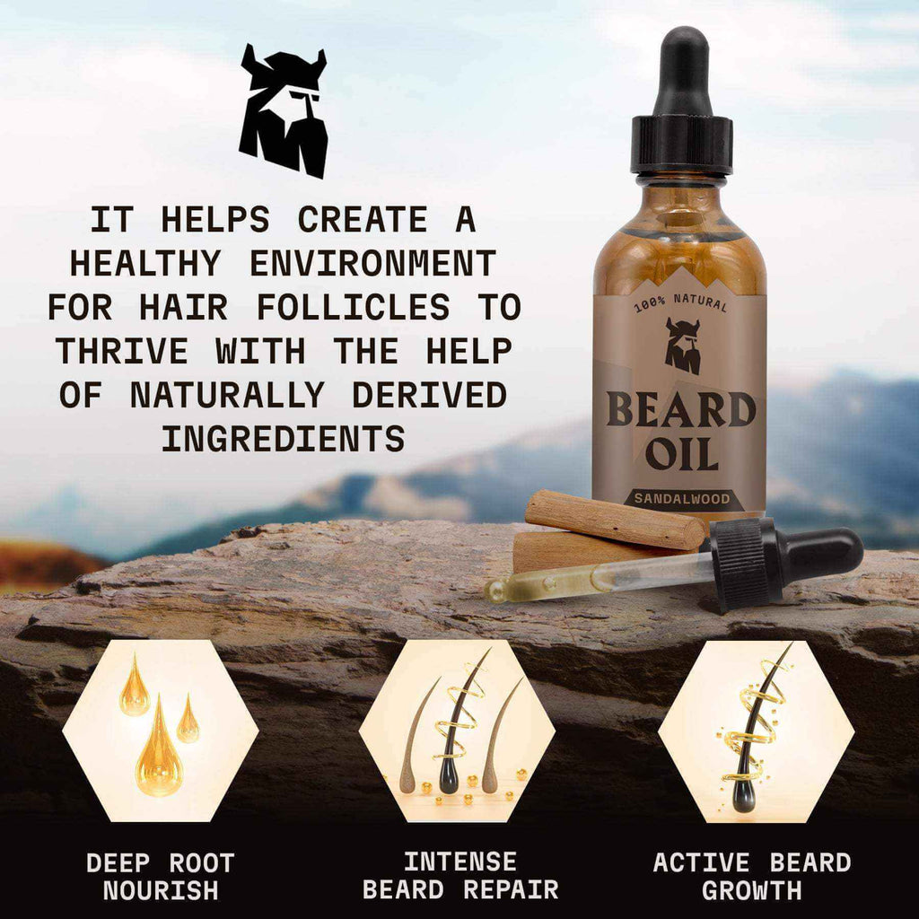 Beard oil bottle with dropper on a natural background