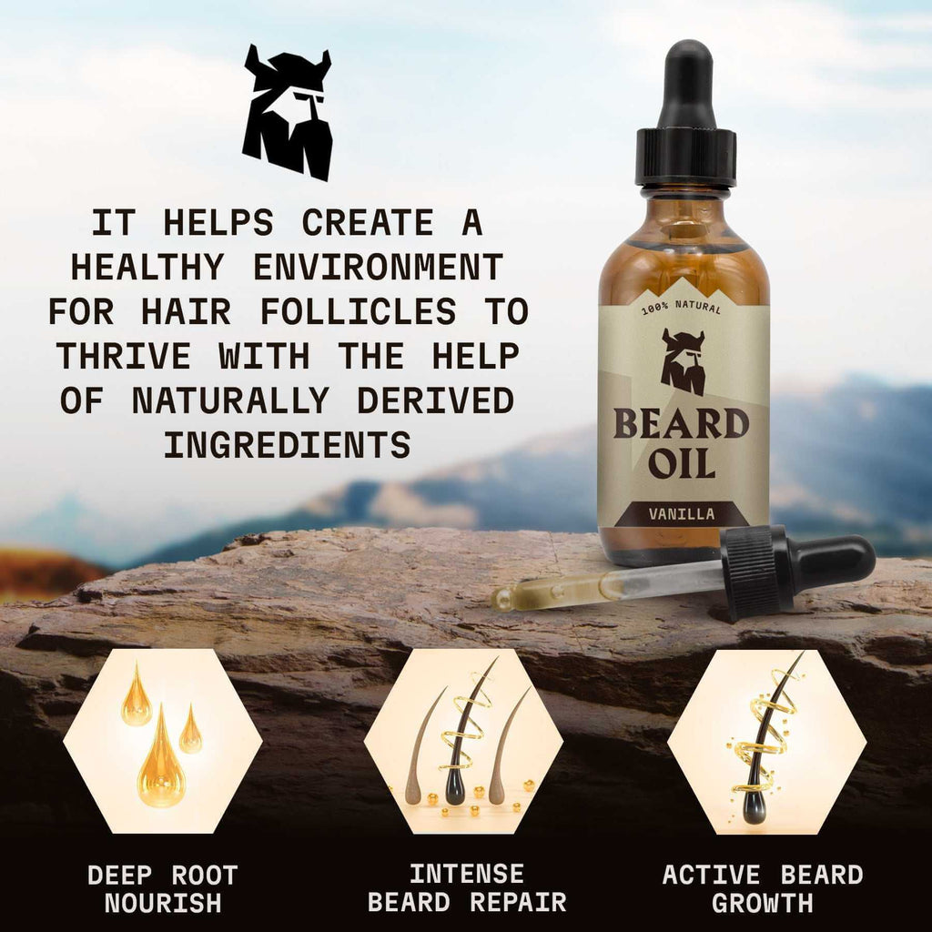 Beard oil bottle with dropper on a wooden surface, mountain background