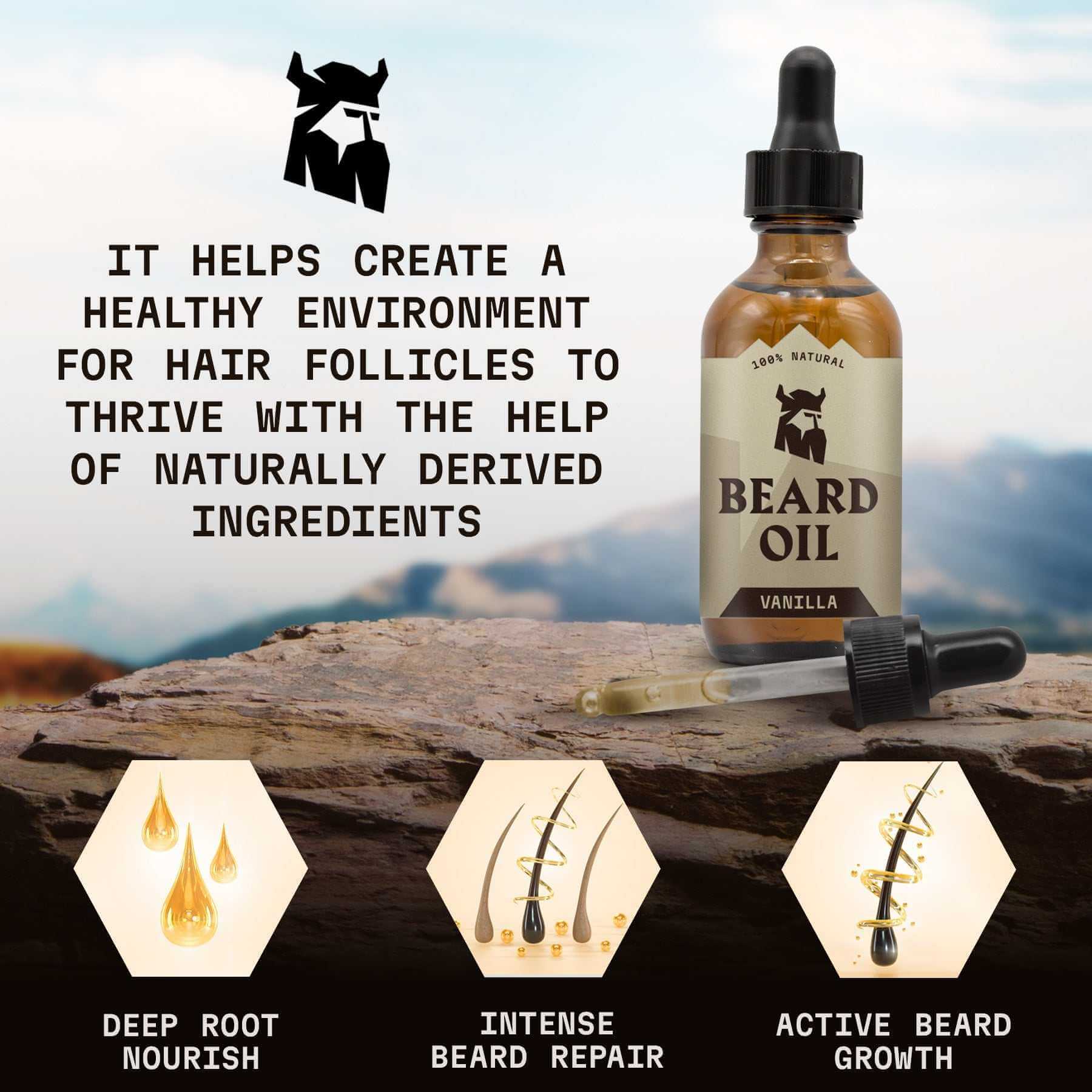 Beard oil bottle with dropper on a wooden surface, mountain background