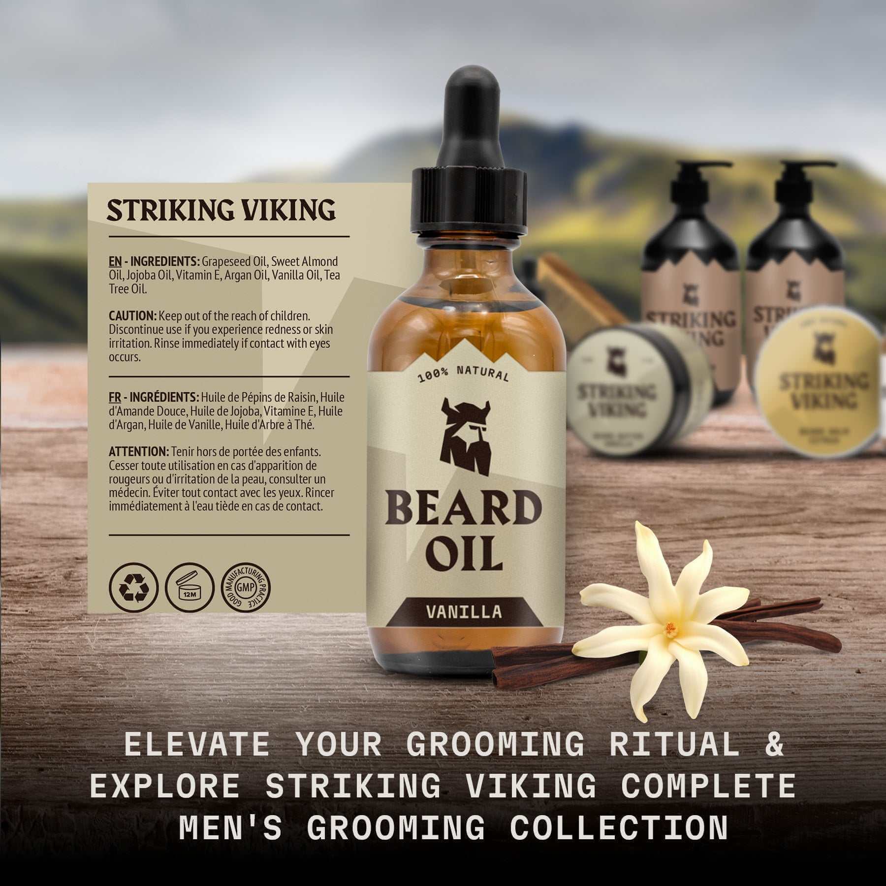 Striking Viking beard oil bottle with packaging