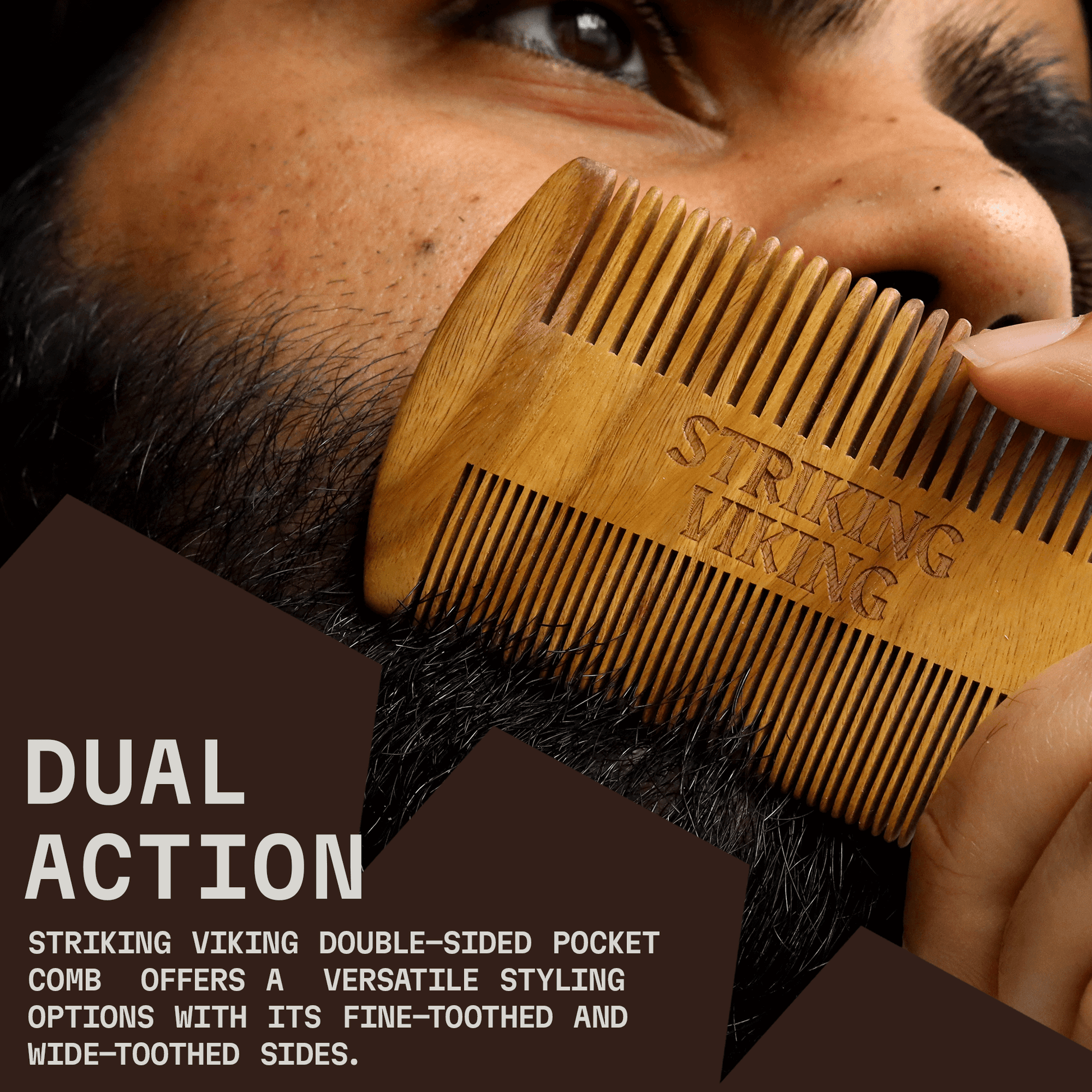 Striking Viking double-sided pocket comb being used on a person's beard with text highlighting its features.