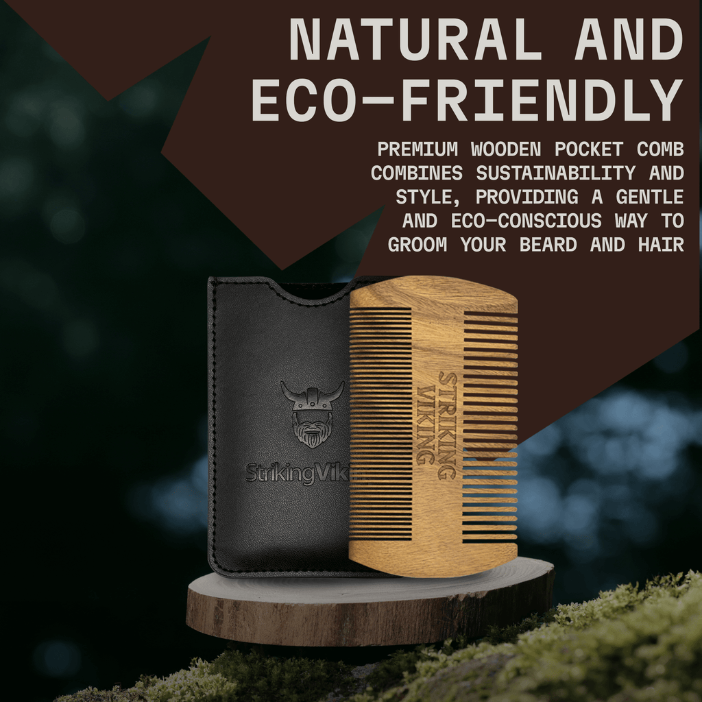 Wooden pocket comb and black case with 'Styling Viking' branding on a natural background.