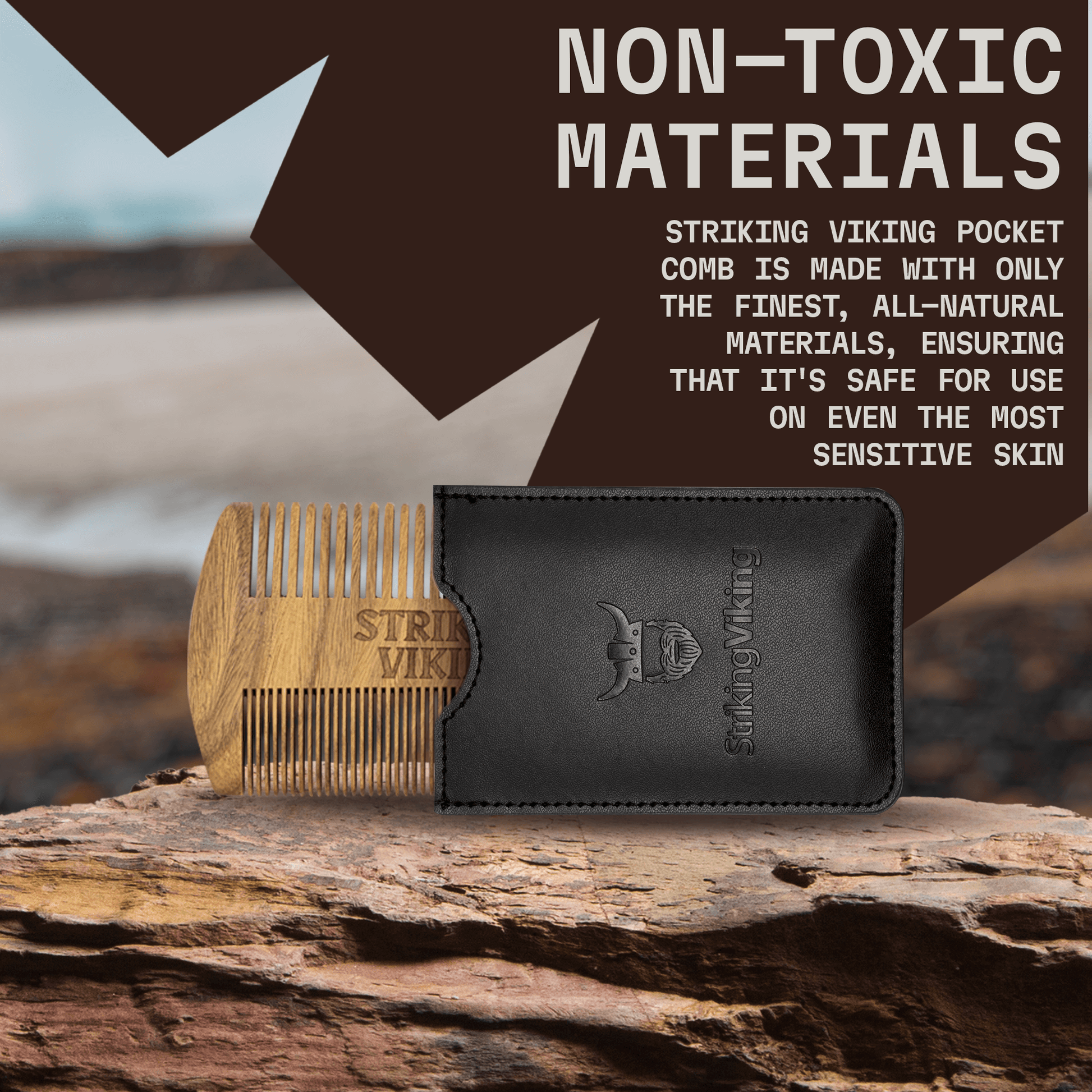 Wooden comb and black case on a rock with 'Striking Viking' branding and text about non-toxic materials.