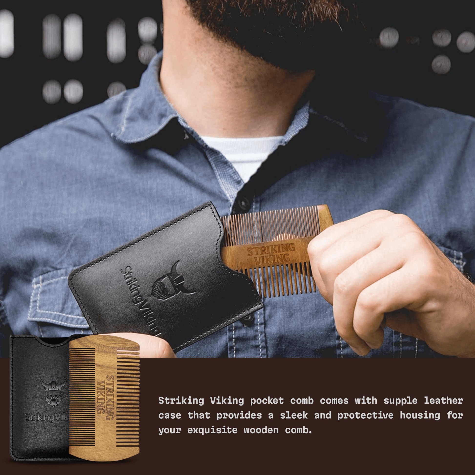Man holding a wooden comb and leather case with text about Striking Viking pocket comb.