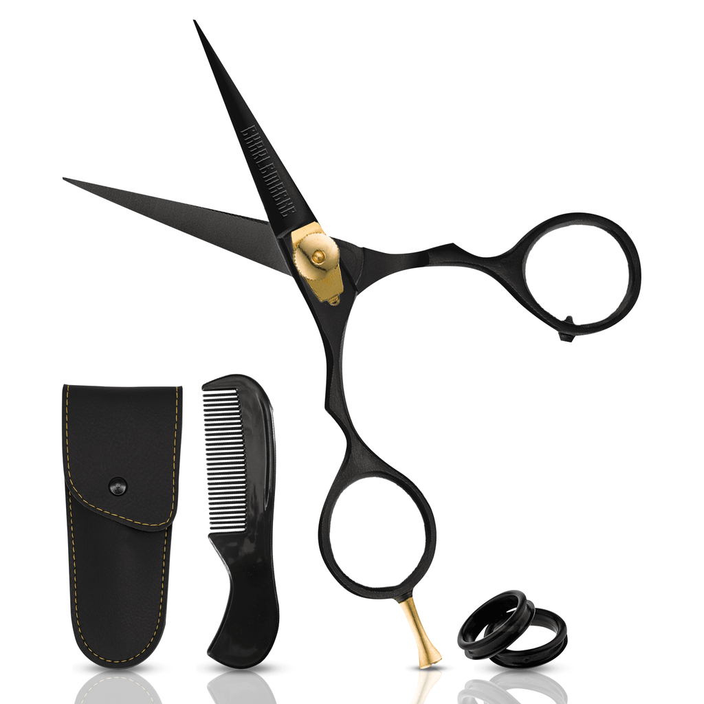 Beard scissor set with sharp blades and elegant design featuring a comb and carrying case.