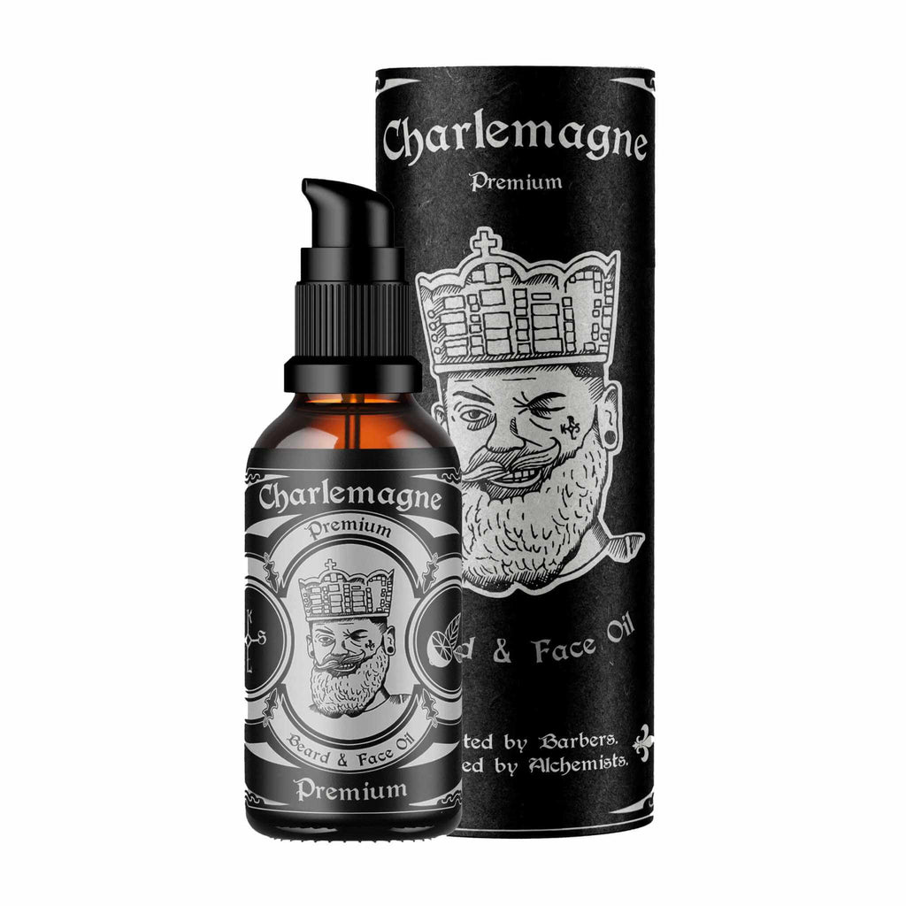 Premium Charlemagne Imperial Inheritance Beard Oil with pump bottle and packaging, featuring tobacco and vanilla scent.
