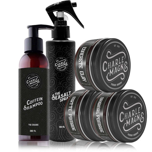 Barber Kit for Men with shampoo, sea salt spray, pomade, and clay for premium styling.