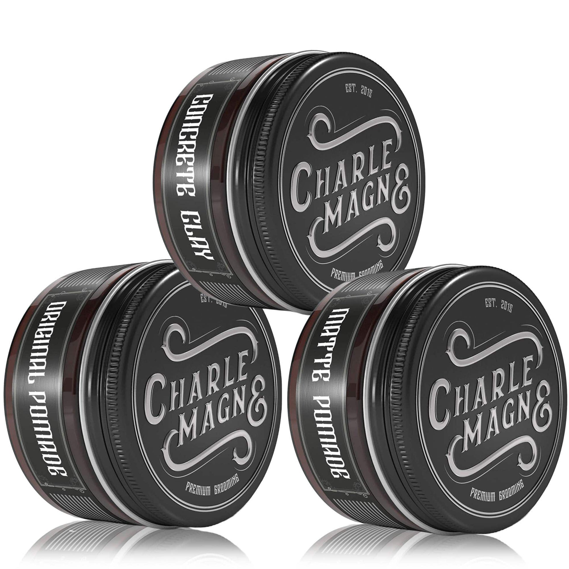 Charlemagne Hair Styling Kit for men with matte, original, and clay pomades from Charlemagne.